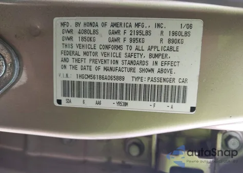 2006 Honda Accord 2.4 Vp из США, поврежденный, VIN 1HGCM56186A065889